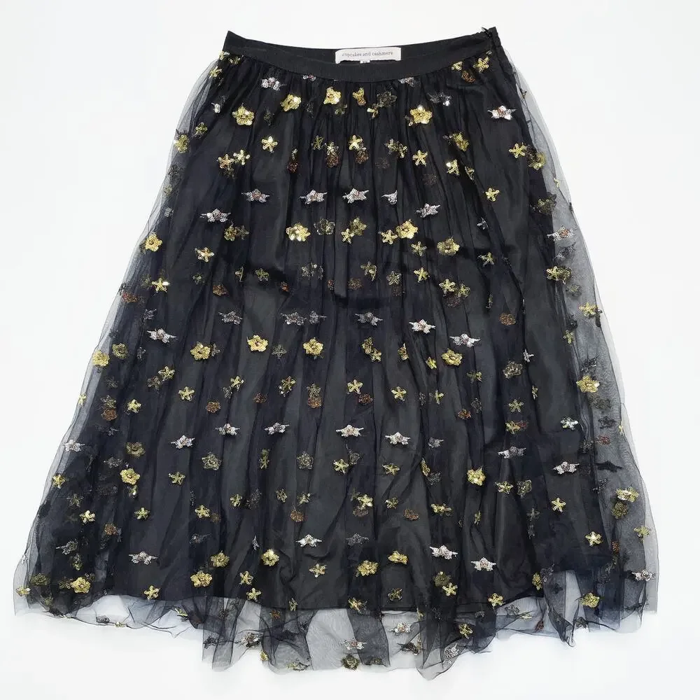 Cupcakes and Cashmere Scarlet Sequin Celestial Star Layered Tulle Midi Skirt XS